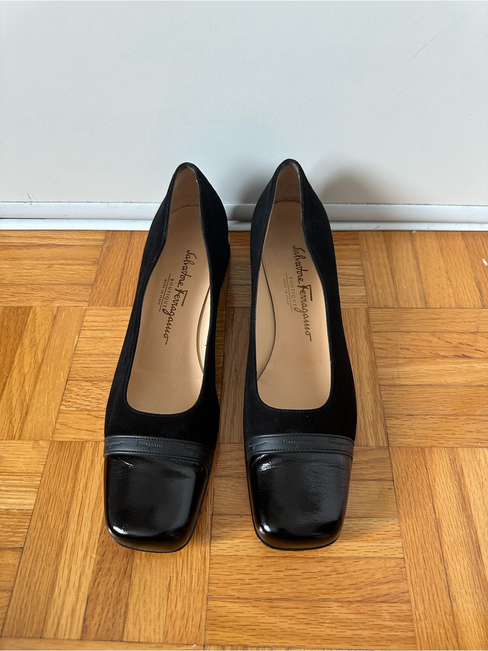 Salvatore Ferragamo Black Suede and Patent Toe Square-Toe Pumps